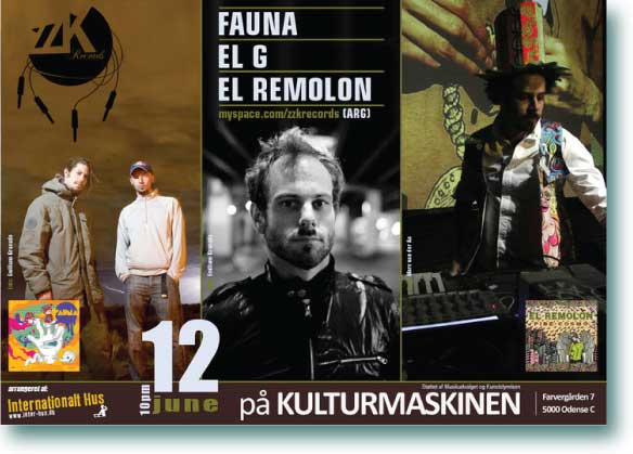 Poster Design for ZZK Records artists performing at Kulturmaskinen (Odense, Denmark): Fauna - El Remolon - El G